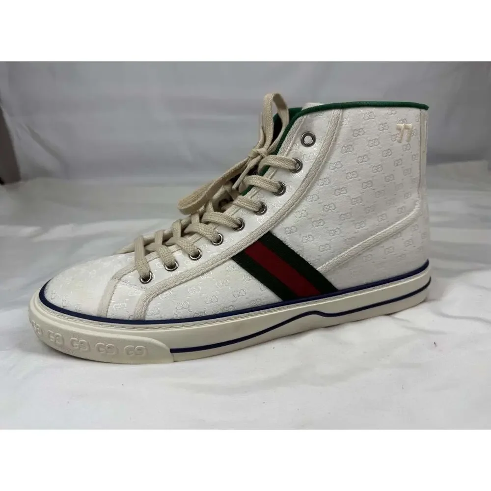 Men's Size 11.5 Gucci Tennis 1977 White GG Canvas Web Hight Top SPB-JB 366629